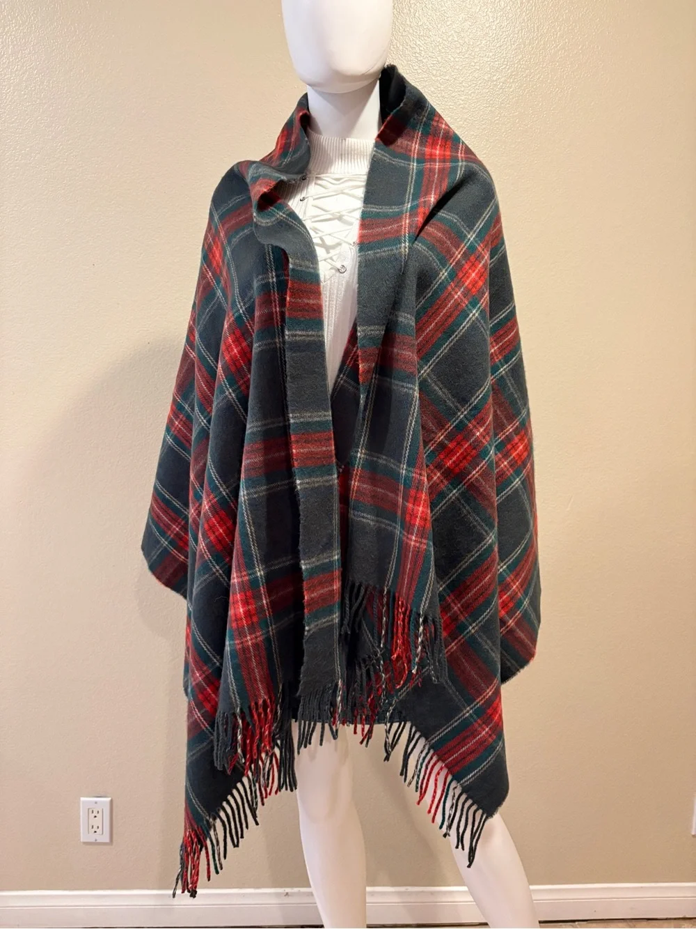 Blanket Scarf Shawl Forest Green Red Plaid Tartan Soft Cozy Cashmere Feel Fringe